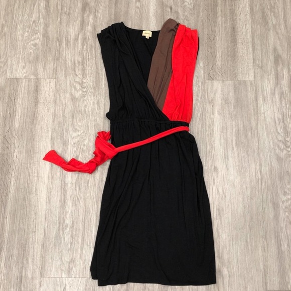 Ella Moss Women's Black Multi Surplice Neck Sprouse Belted Faux Wrap Dress sz XS - Picture 4 of 5